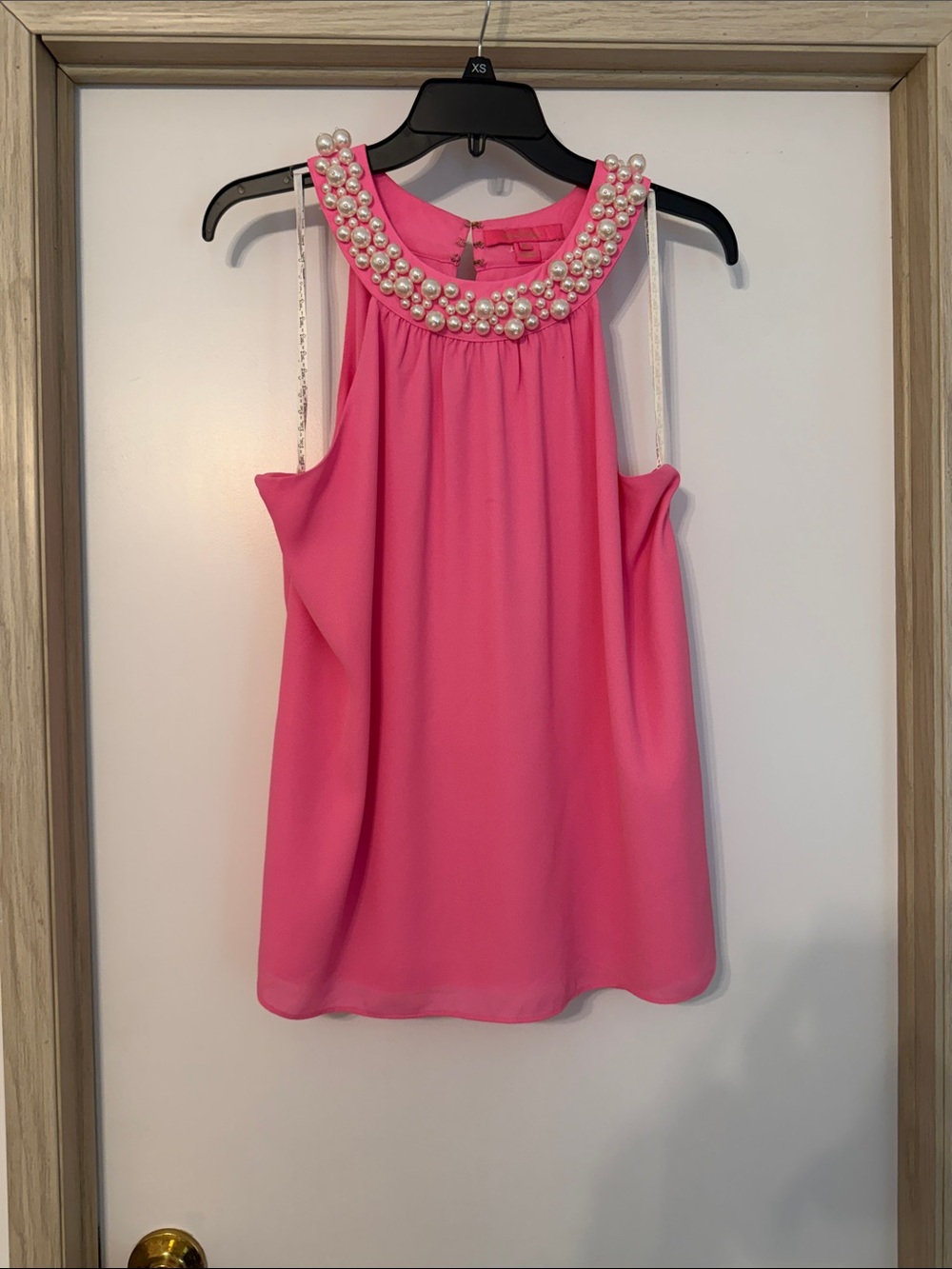 Pearl-Embellished Pink Halter Women’s Top